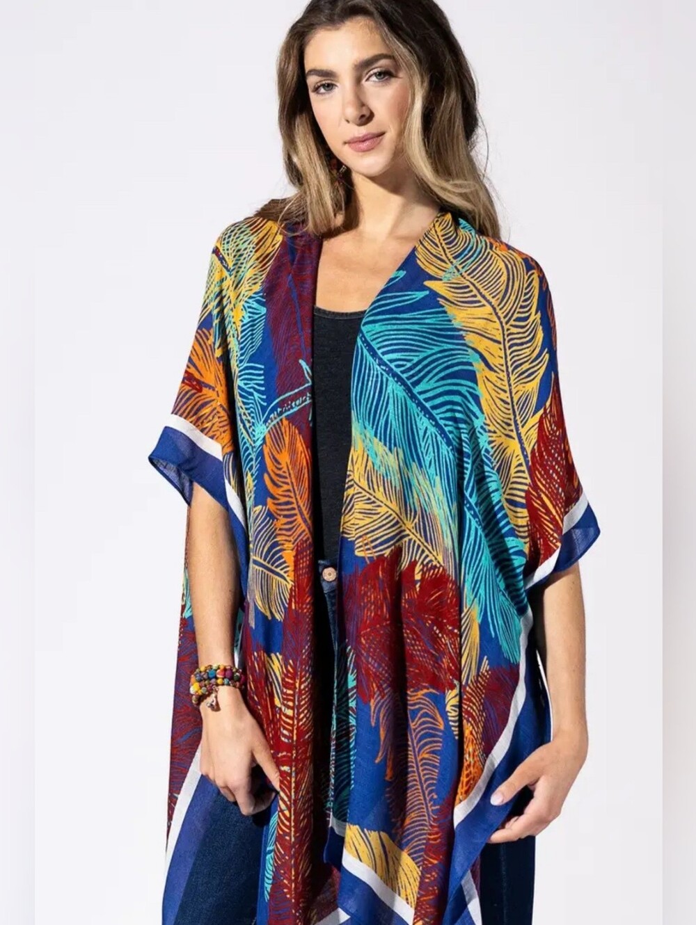 Colorful Feather Print Kimono Jacket - Blue, Teal, Yellow, Red
